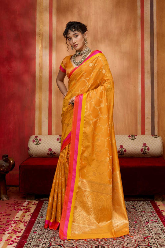 Soraya Marigold Orange Soft Silk Satin Saree with Handloom Woven Design Ready to Wear One Minute Saree