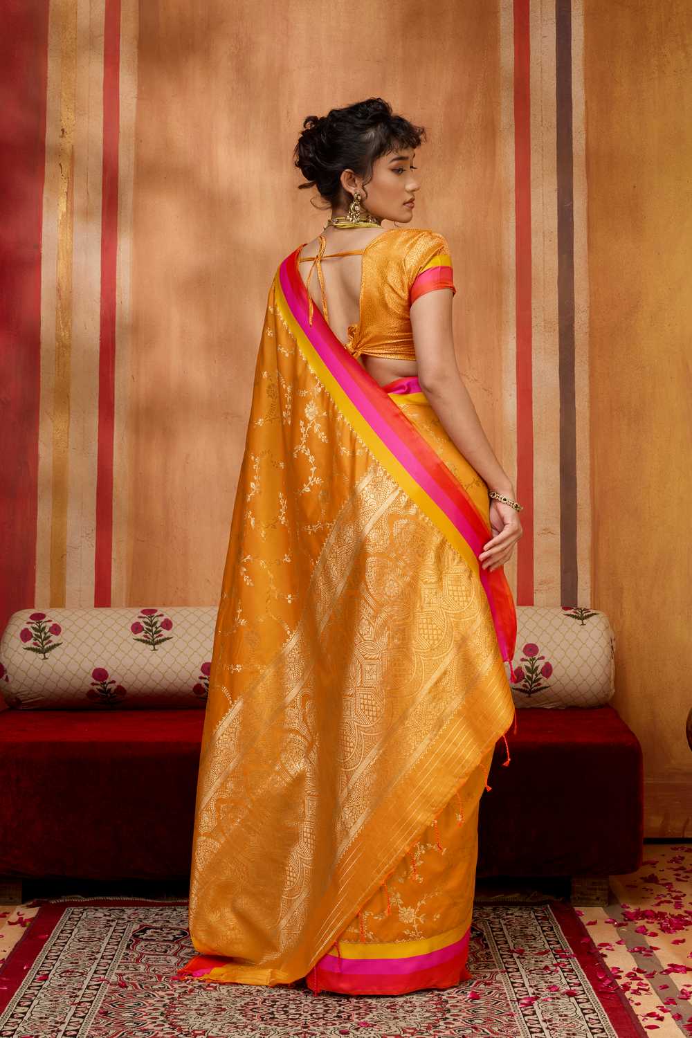 Soraya Marigold Orange Soft Silk Satin Saree with Handloom Woven Design Ready to Wear One Minute Saree
