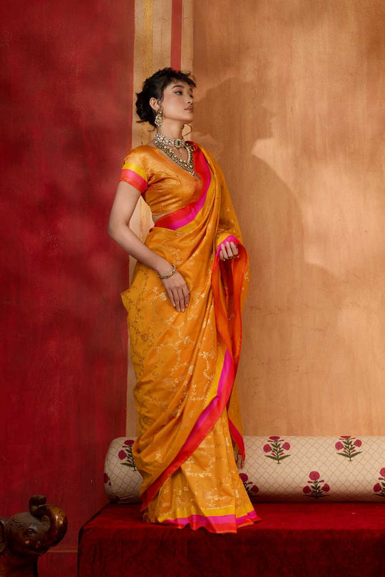 Soraya Marigold Orange Soft Silk Satin Saree with Handloom Woven Design Ready to Wear One Minute Saree