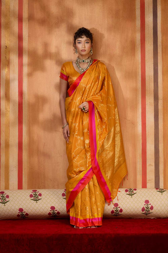 Soraya Marigold Orange Soft Silk Satin Saree with Handloom Woven Design Ready to Wear One Minute Saree