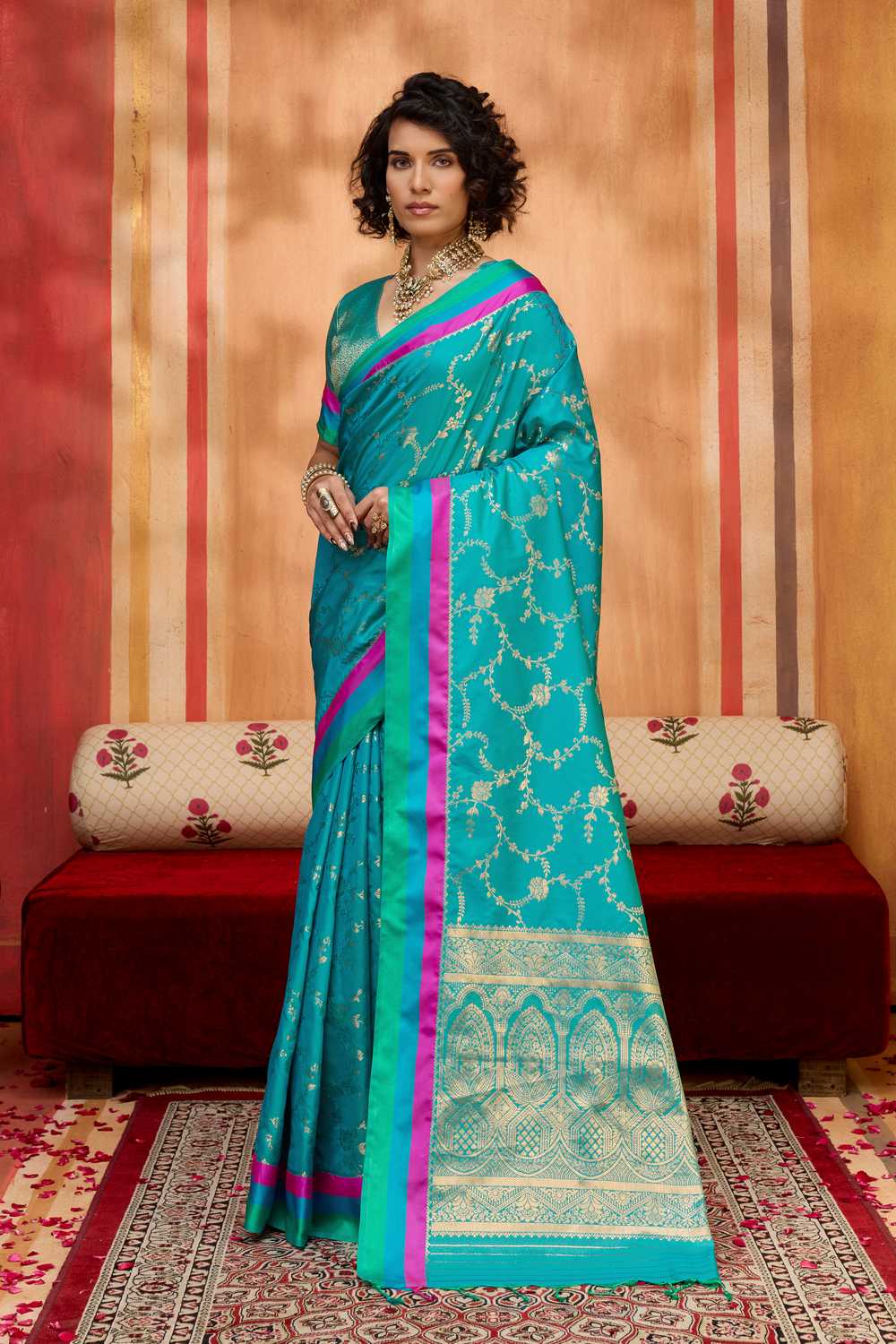 Soraya Teal Blue Soft Silk Satin Saree with Handloom Woven Design Ready to Wear One Minute Saree
