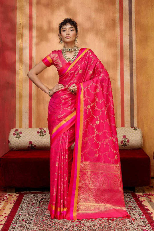 Soraya Hot Pink Soft Silk Satin Saree with Handloom Woven Design Ready to Wear One Minute Saree