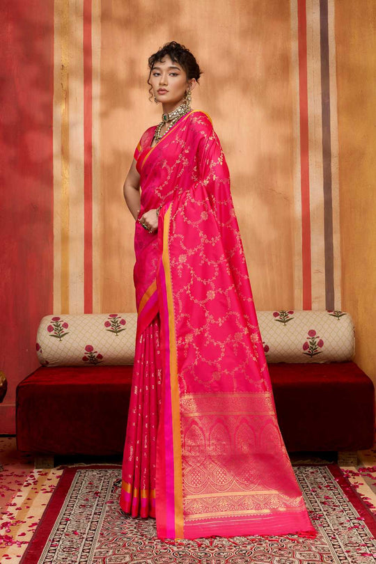 Soraya Hot Pink Soft Silk Satin Saree with Handloom Woven Design Ready to Wear One Minute Saree