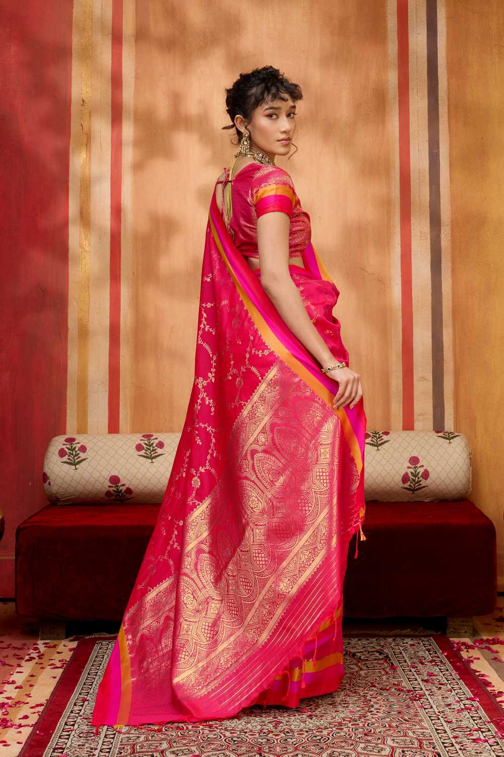 Soraya Hot Pink Soft Silk Satin Saree with Handloom Woven Design Ready to Wear One Minute Saree