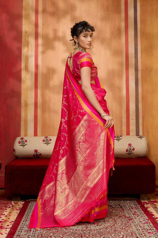 Soraya Hot Pink Soft Silk Satin Saree with Handloom Woven Design Ready to Wear One Minute Saree