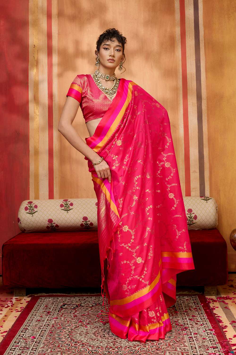 Soraya Hot Pink Soft Silk Satin Saree with Handloom Woven Design Ready to Wear One Minute Saree