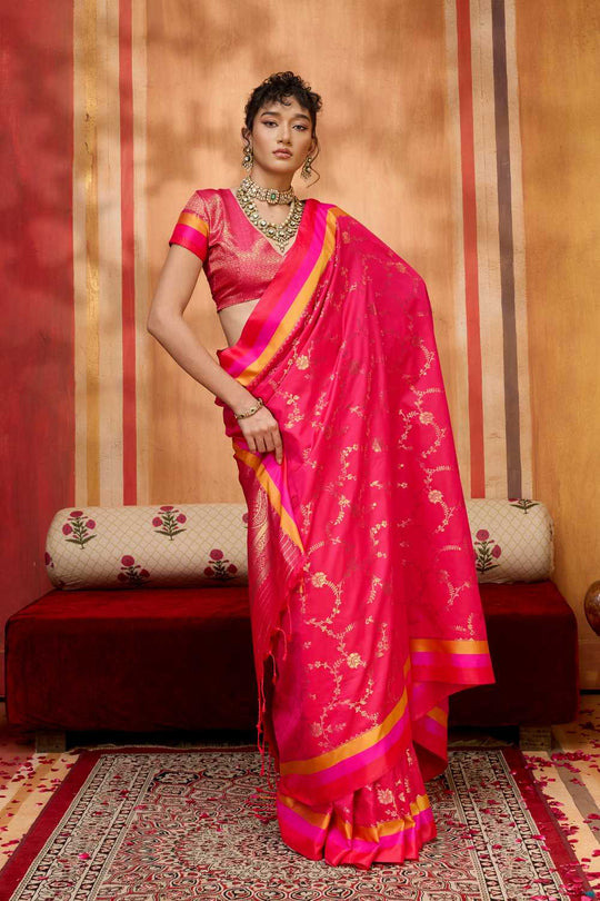 Soraya Hot Pink Soft Silk Satin Saree with Handloom Woven Design Ready to Wear One Minute Saree