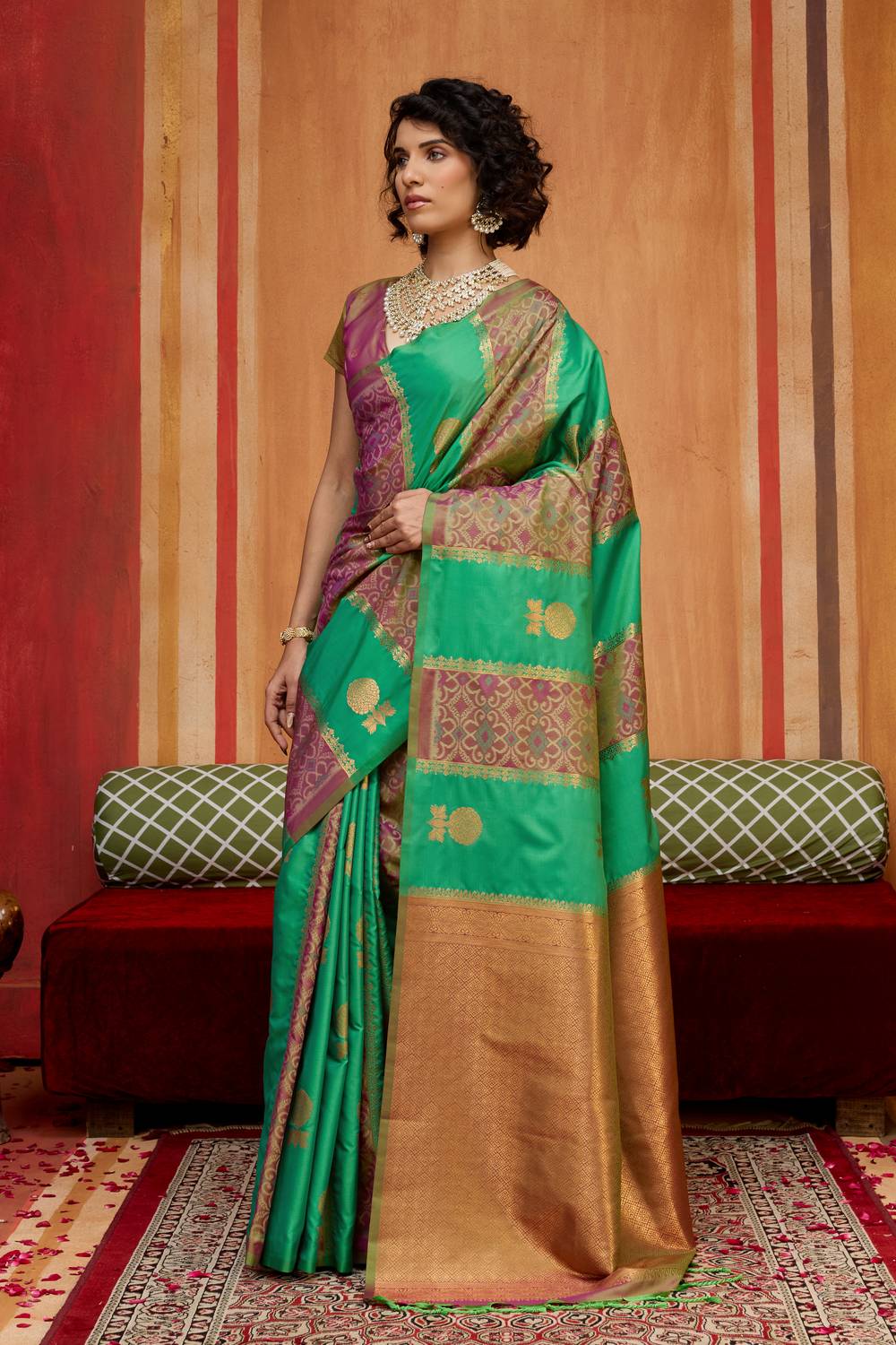 Ayra Emerald Green & Wine Pure Silk Woven Ready to Wear Saree