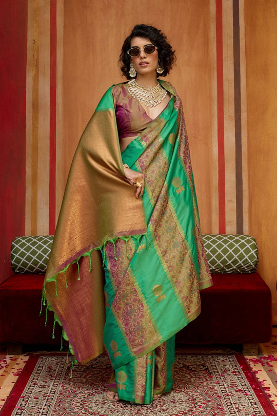 Ayra Emerald Green & Wine Pure Silk Woven Ready to Wear Saree
