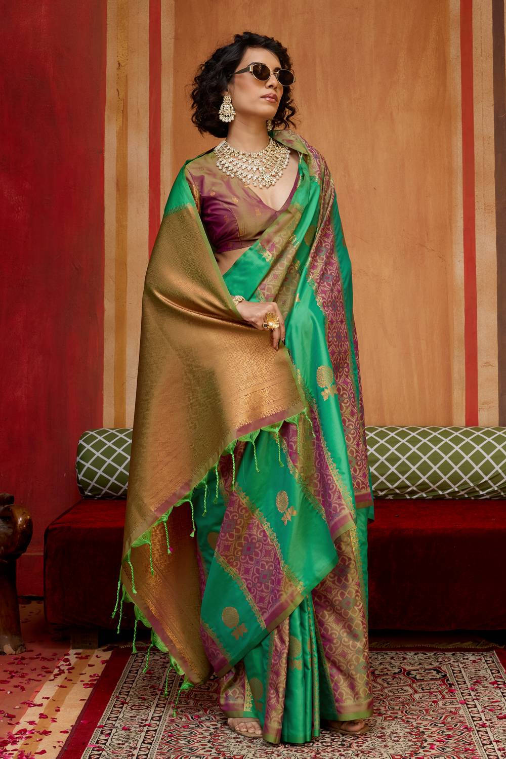 Ayra Emerald Green & Wine Pure Silk Woven Ready to Wear Saree