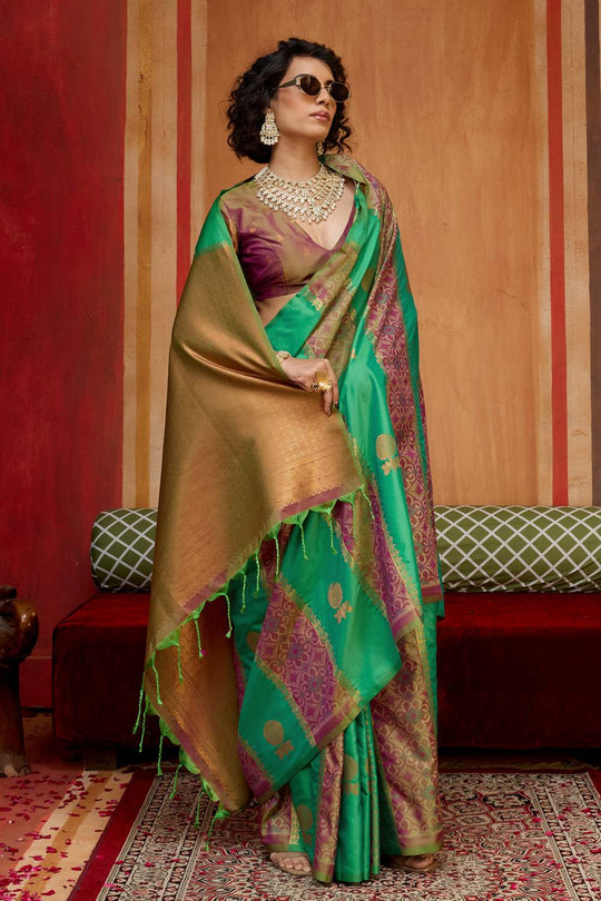 Ayra Emerald Green & Wine Pure Silk Woven Ready to Wear Saree