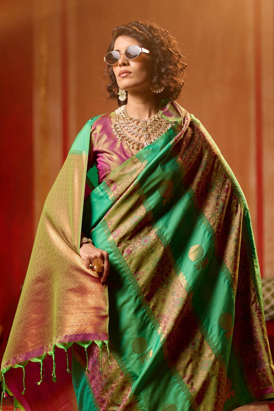 Ayra Emerald Green & Wine Pure Silk Woven Ready to Wear Saree
