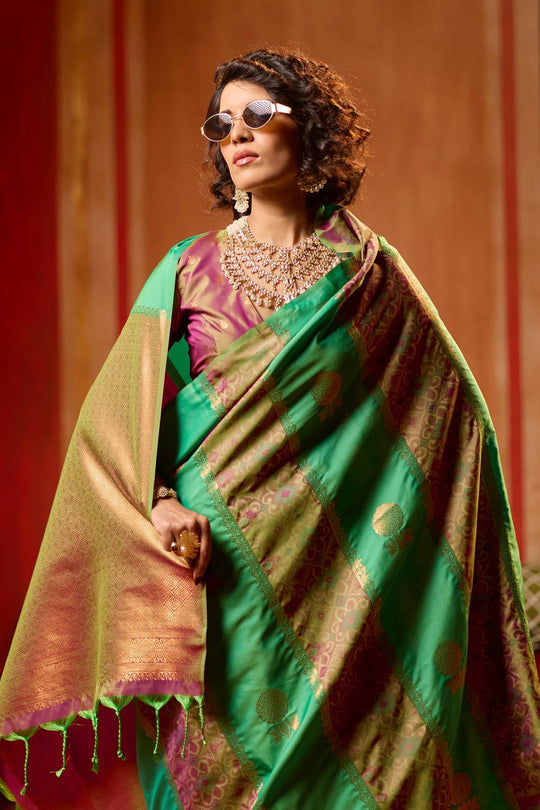 Ayra Emerald Green & Wine Pure Silk Woven Ready to Wear Saree