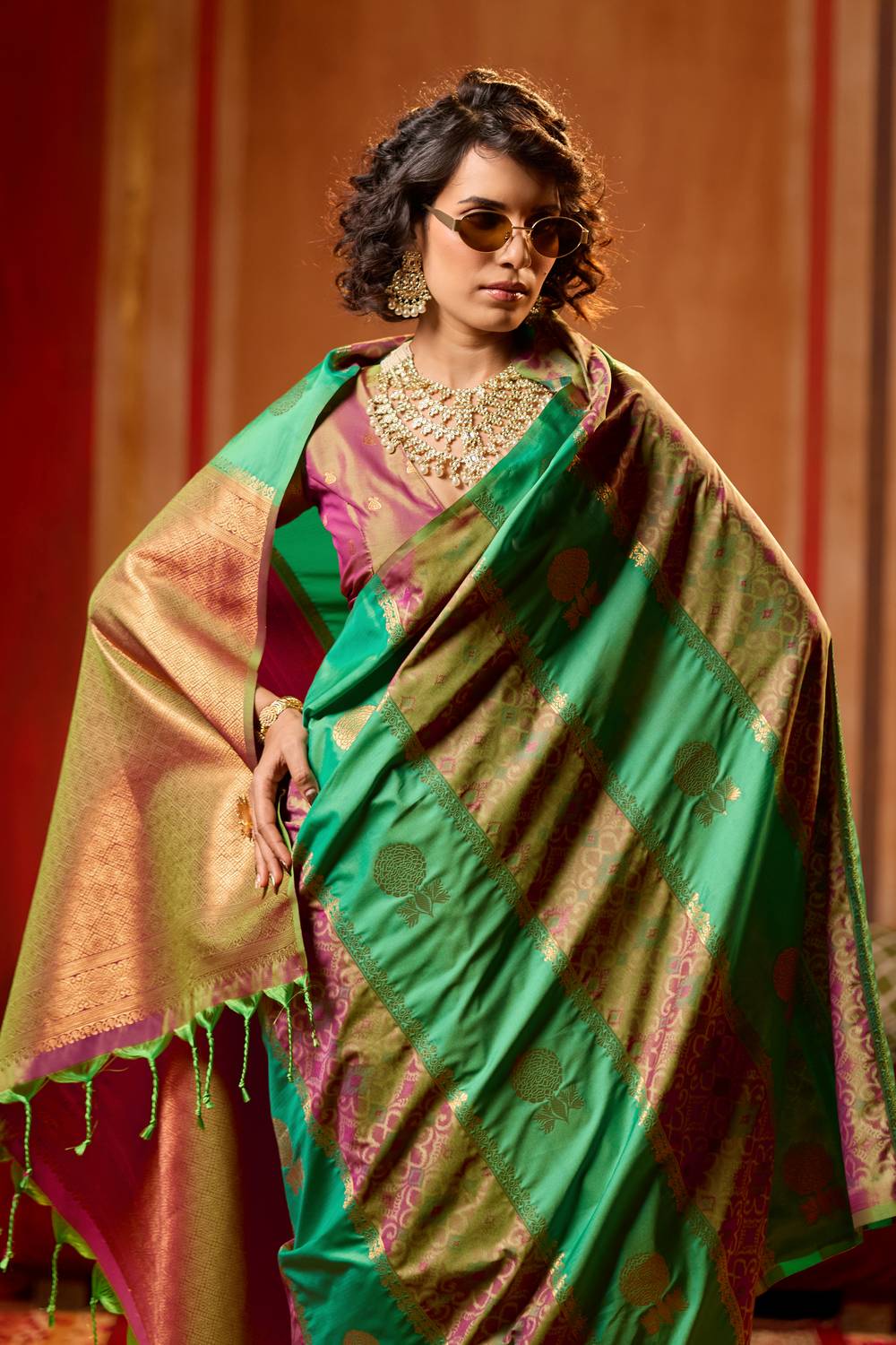 Ayra Emerald Green & Wine Pure Silk Woven Ready to Wear Saree