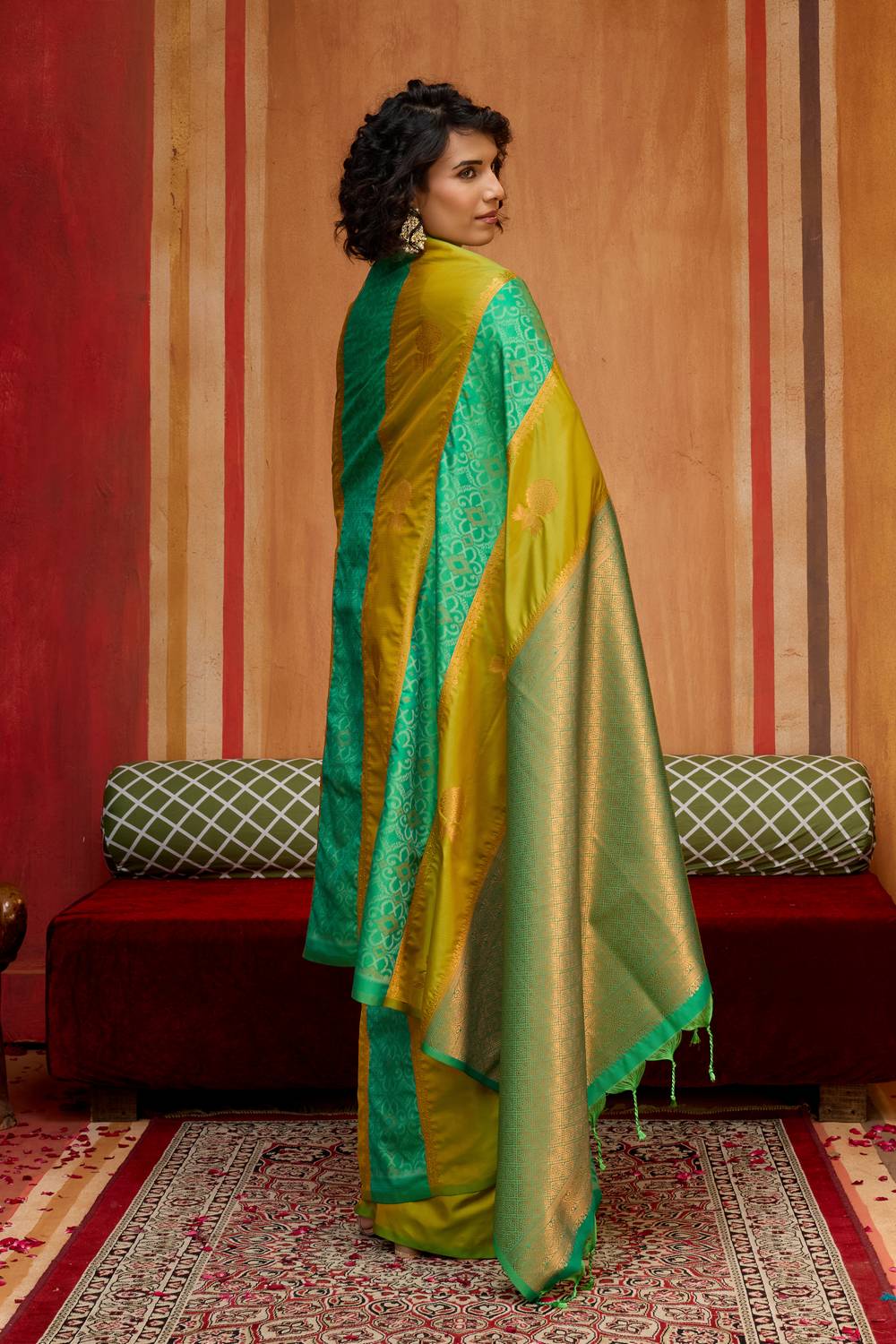 Ayra Emerald Green & Lime Yellow Pure Silk Woven Ready to Wear Saree