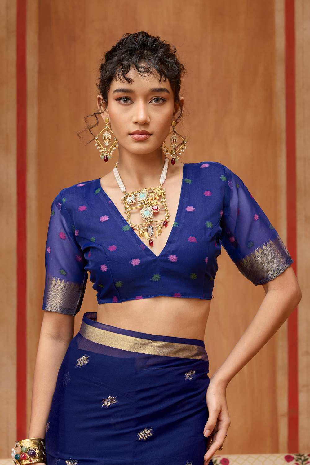 Rosa Royal Blue Munga Cotton Saree with Organza Weaving Pallu Ready to Wear Saree