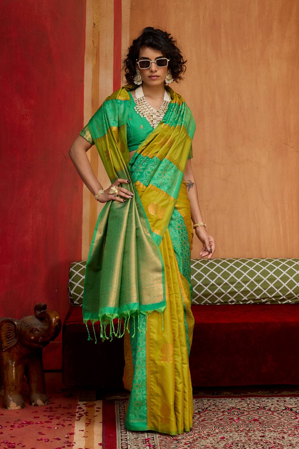 Ayra Emerald Green & Lime Yellow Pure Silk Woven Ready to Wear Saree