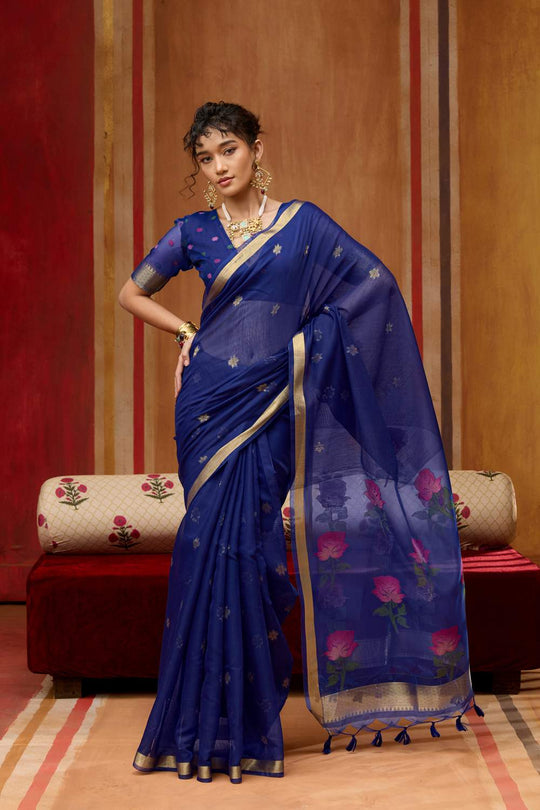 Rosa Royal Blue Munga Cotton Saree with Organza Weaving Pallu Ready to Wear Saree
