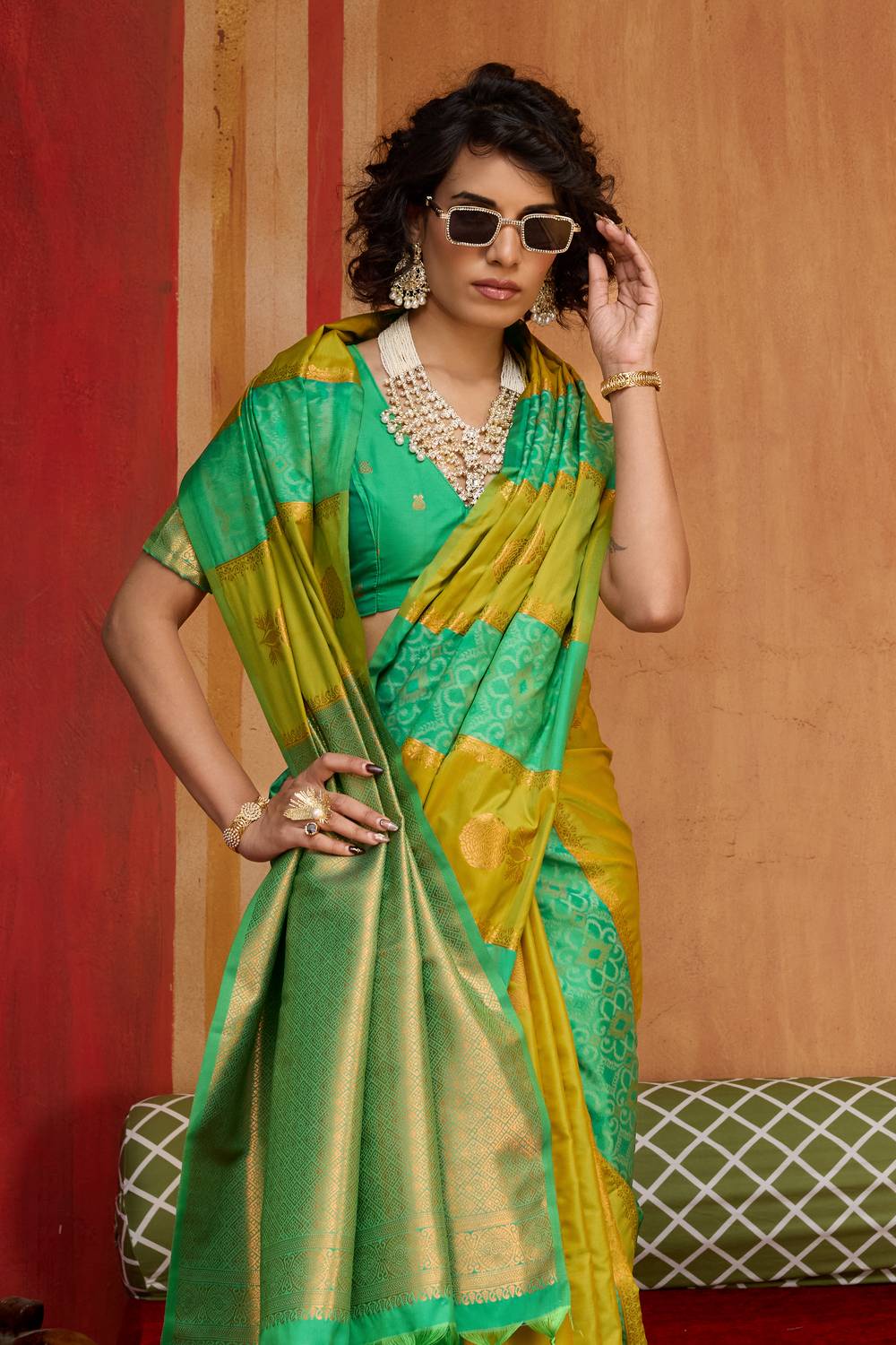 Ayra Emerald Green & Lime Yellow Pure Silk Woven Ready to Wear Saree
