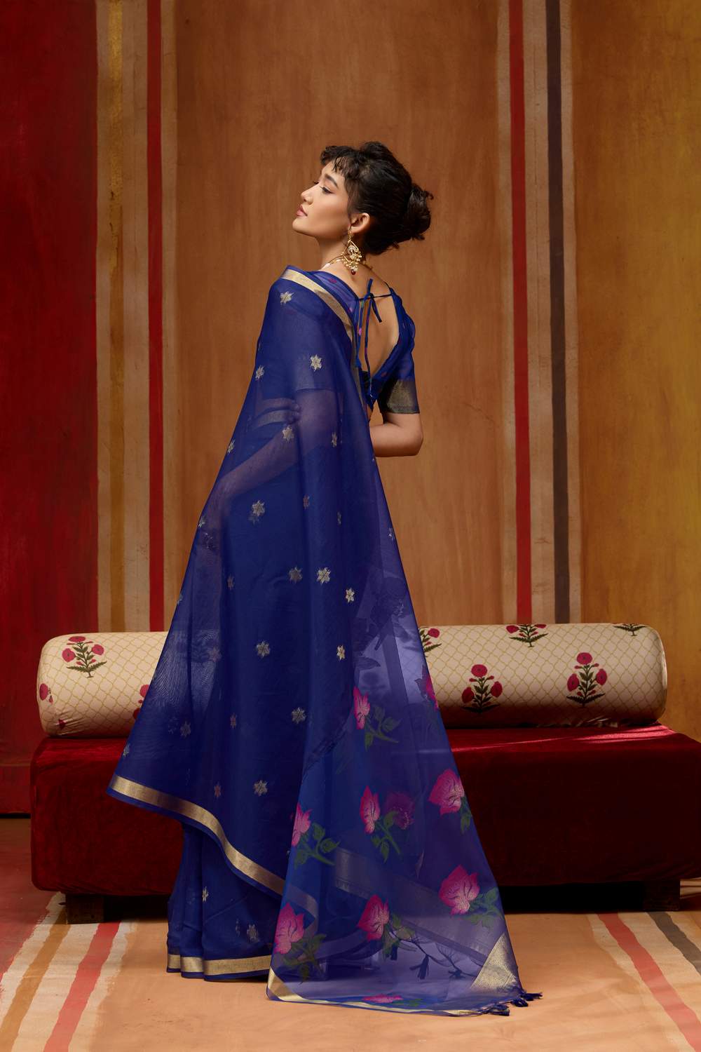 Rosa Royal Blue Munga Cotton Saree with Organza Weaving Pallu Ready to Wear Saree