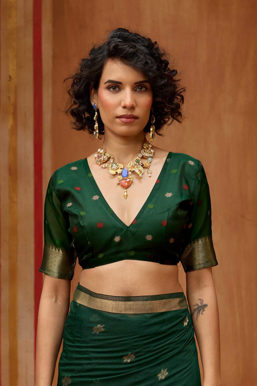 Rosa Dark Green Munga Cotton Saree with Organza Weaving Pallu Ready to Wear Saree