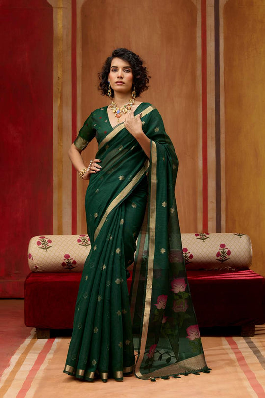 Rosa Dark Green Munga Cotton Saree with Organza Weaving Pallu Ready to Wear Saree
