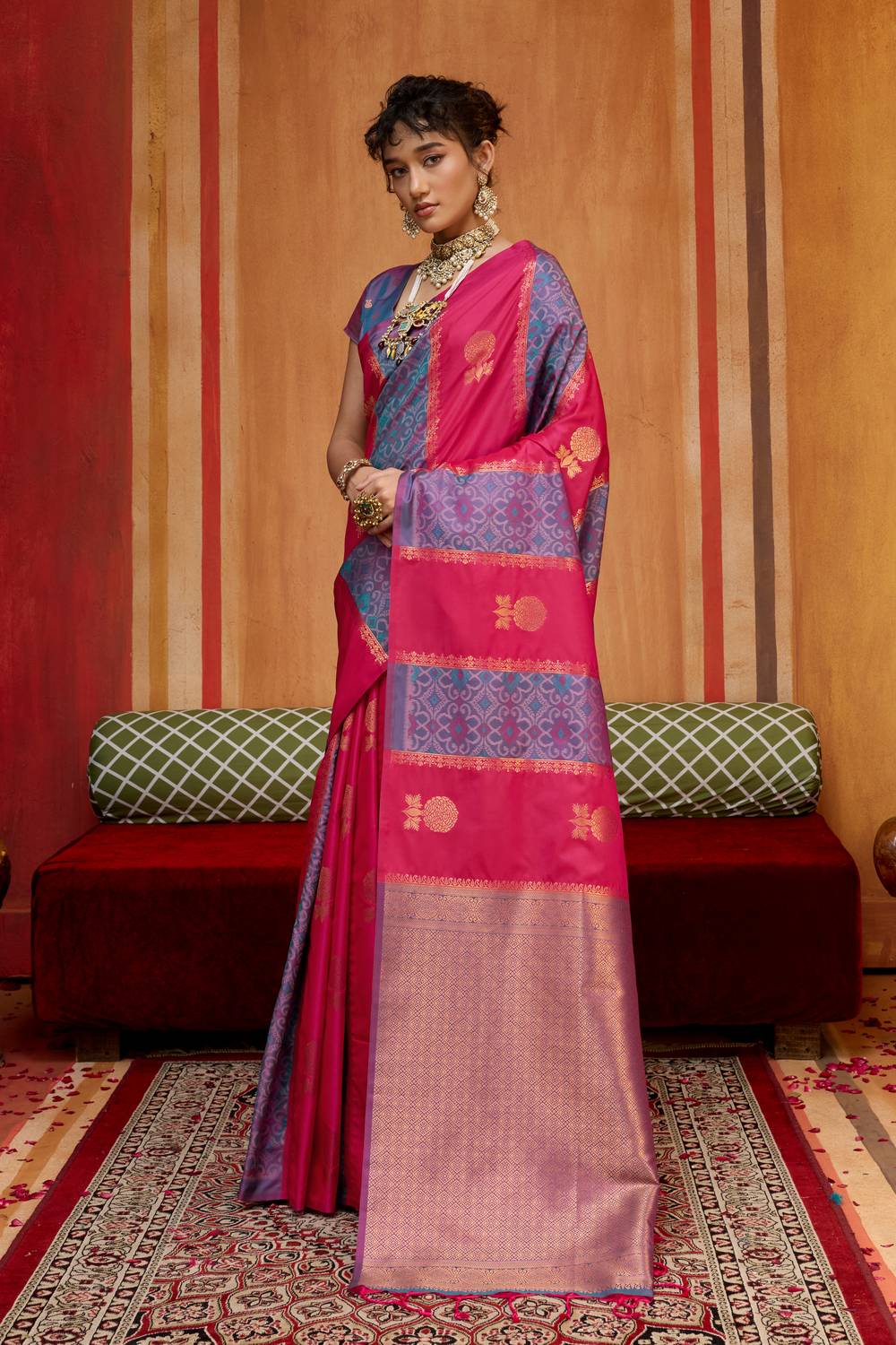 Ayra Rose Pink & Blue Pure Silk Woven Ready to Wear Saree