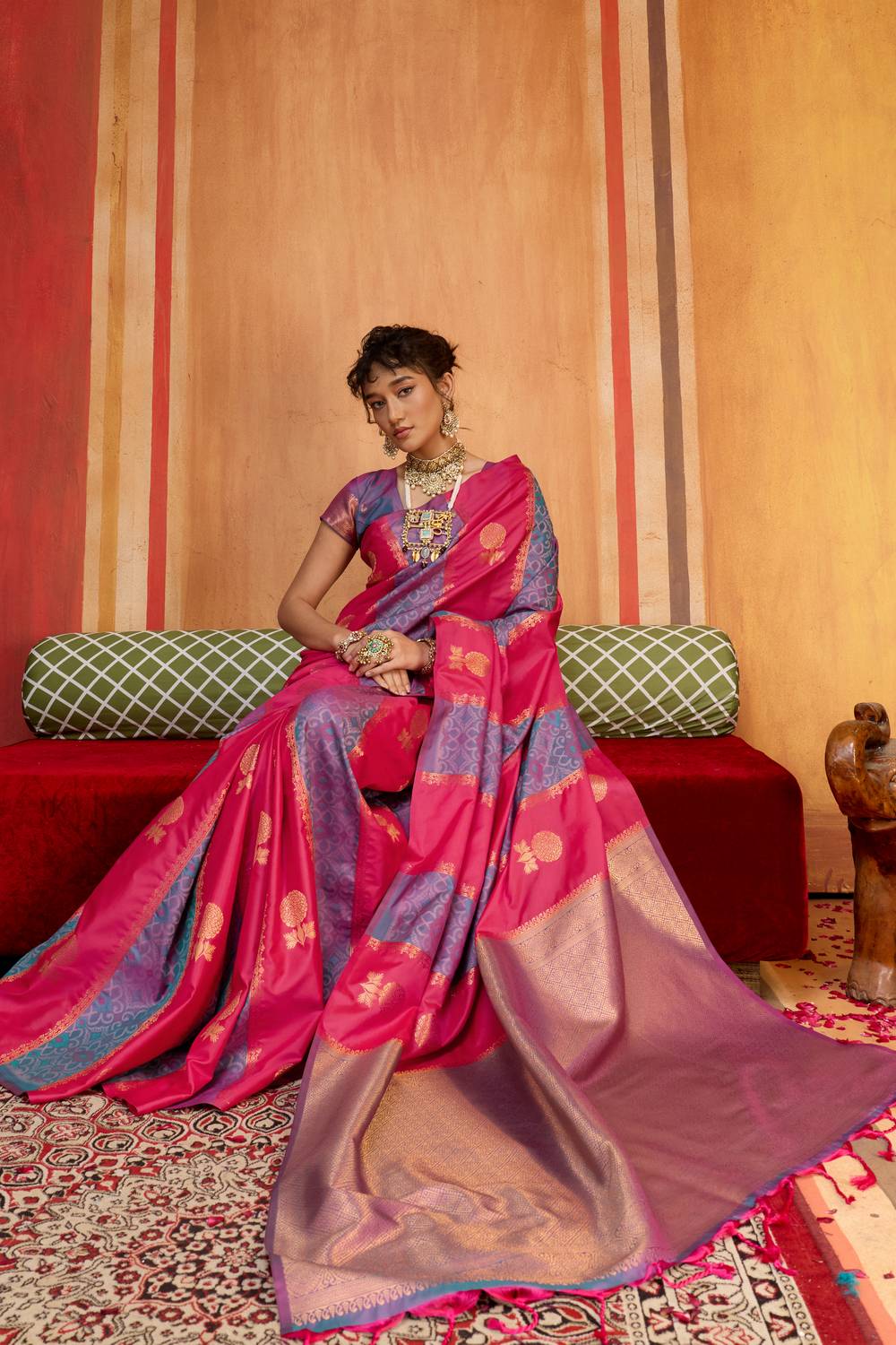 Ayra Rose Pink & Blue Pure Silk Woven Ready to Wear Saree
