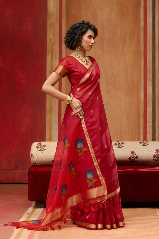 Rosa Red Munga Cotton Saree with Organza Weaving Pallu Ready to Wear Saree