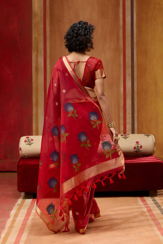 Rosa Red Munga Cotton Saree with Organza Weaving Pallu Ready to Wear Saree