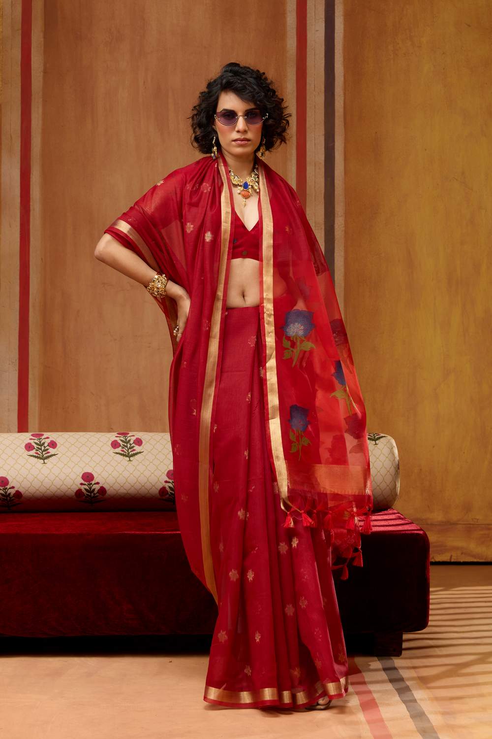 Rosa Red Munga Cotton Saree with Organza Weaving Pallu Ready to Wear Saree