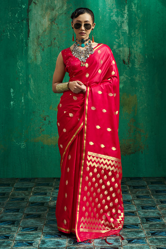 Anisa Red Pure Satin Handloom Weaving Ready to Wear Saree