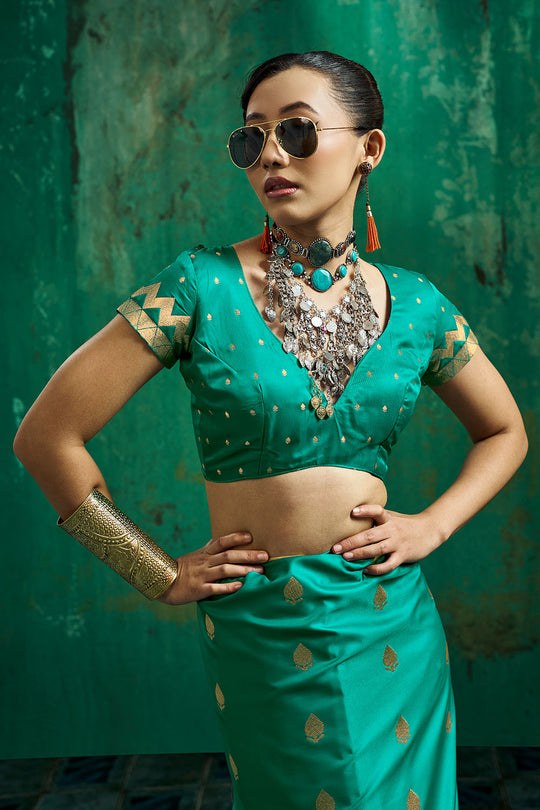 Anisa Emerald Green Pure Satin Handloom Weaving Ready to Wear Saree