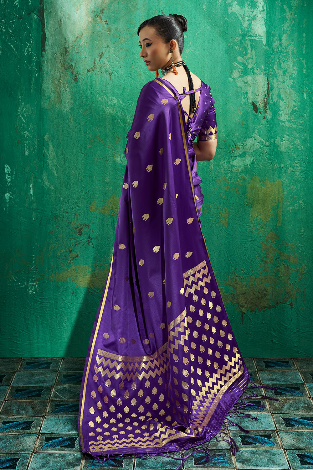 Anisa Royal Purple Pure Satin Handloom Weaving Ready to Wear Saree