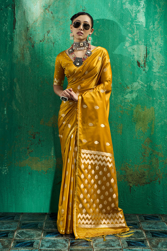 Anisa Mustard Yellow Pure Satin Handloom Weaving Ready to Wear Saree