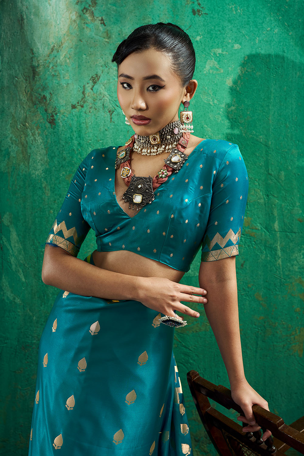 Anisa Teal Blue Pure Satin Handloom Weaving Ready to Wear Saree