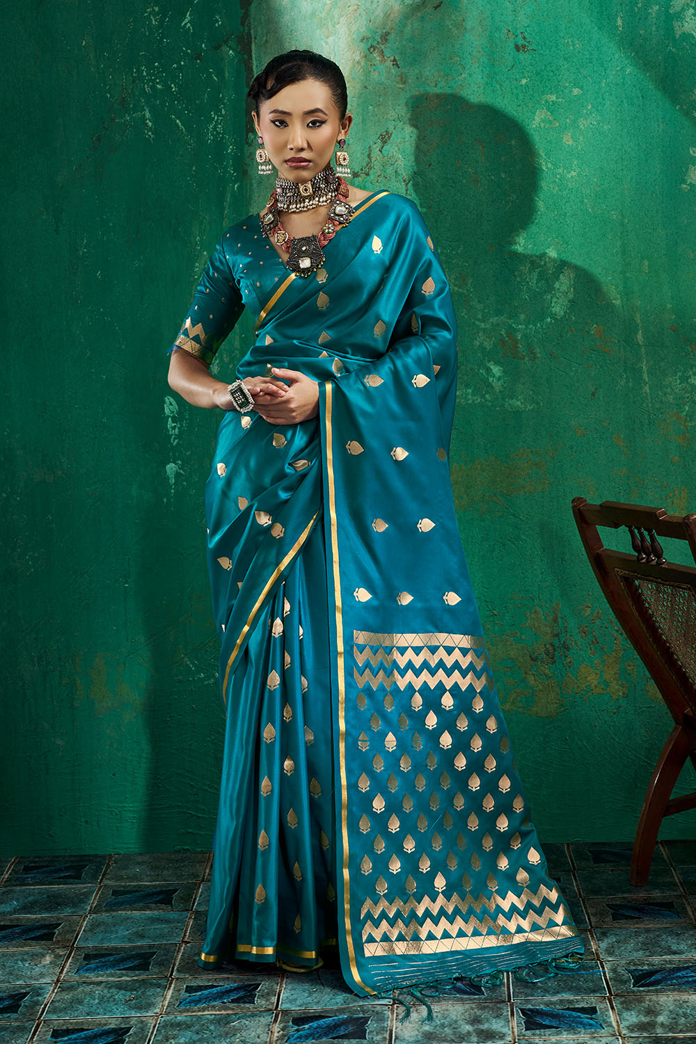 Anisa Teal Blue Pure Satin Handloom Weaving Ready to Wear Saree