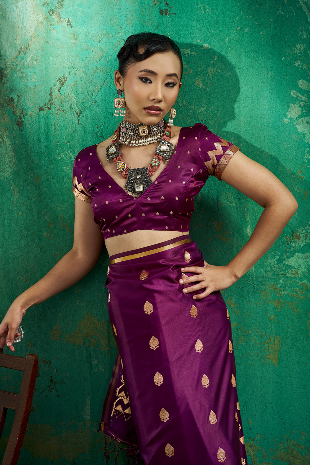 Anisa Wine Pure Satin Handloom Weaving Ready to Wear Saree