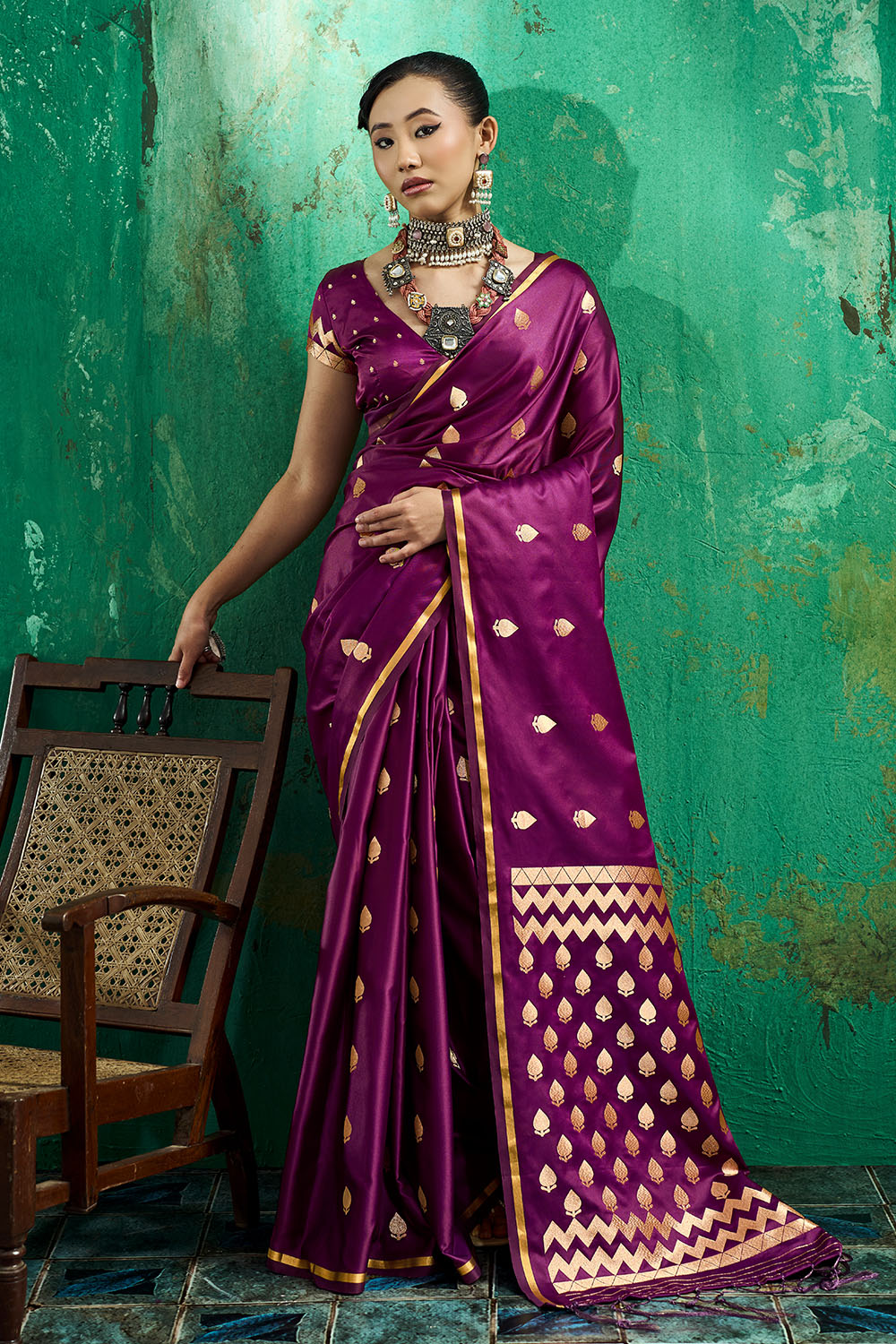 Anisa Wine Pure Satin Handloom Weaving Ready to Wear Saree