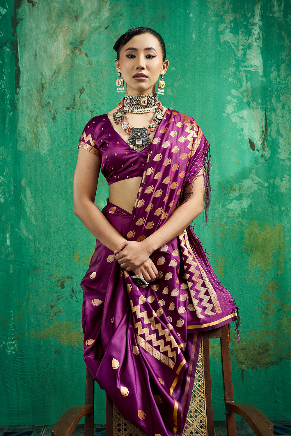 Anisa Wine Pure Satin Handloom Weaving Ready to Wear Saree