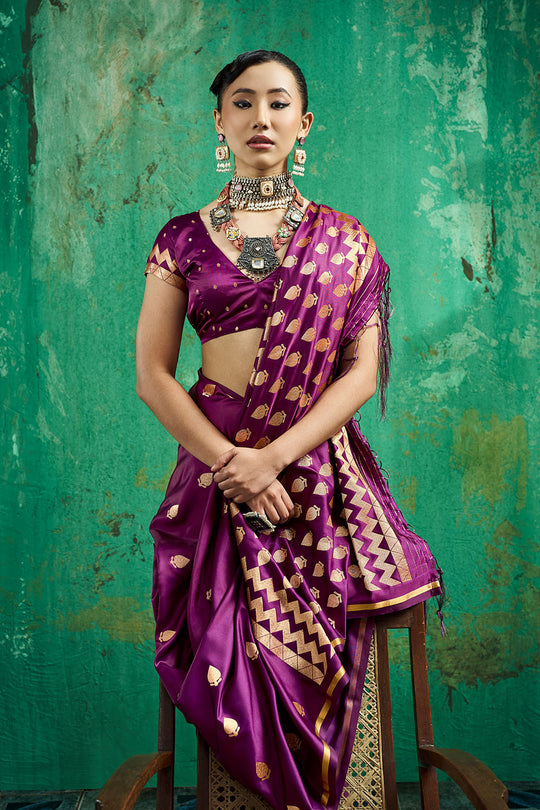 Anisa Wine Pure Satin Handloom Weaving Ready to Wear Saree
