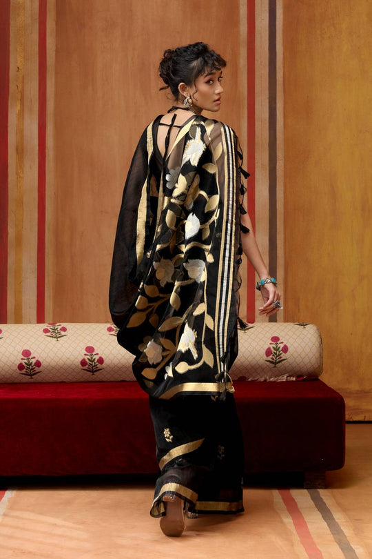 Divya Black Munga Silk Saree with Organza Weaving Pallu Ready to Wear Saree