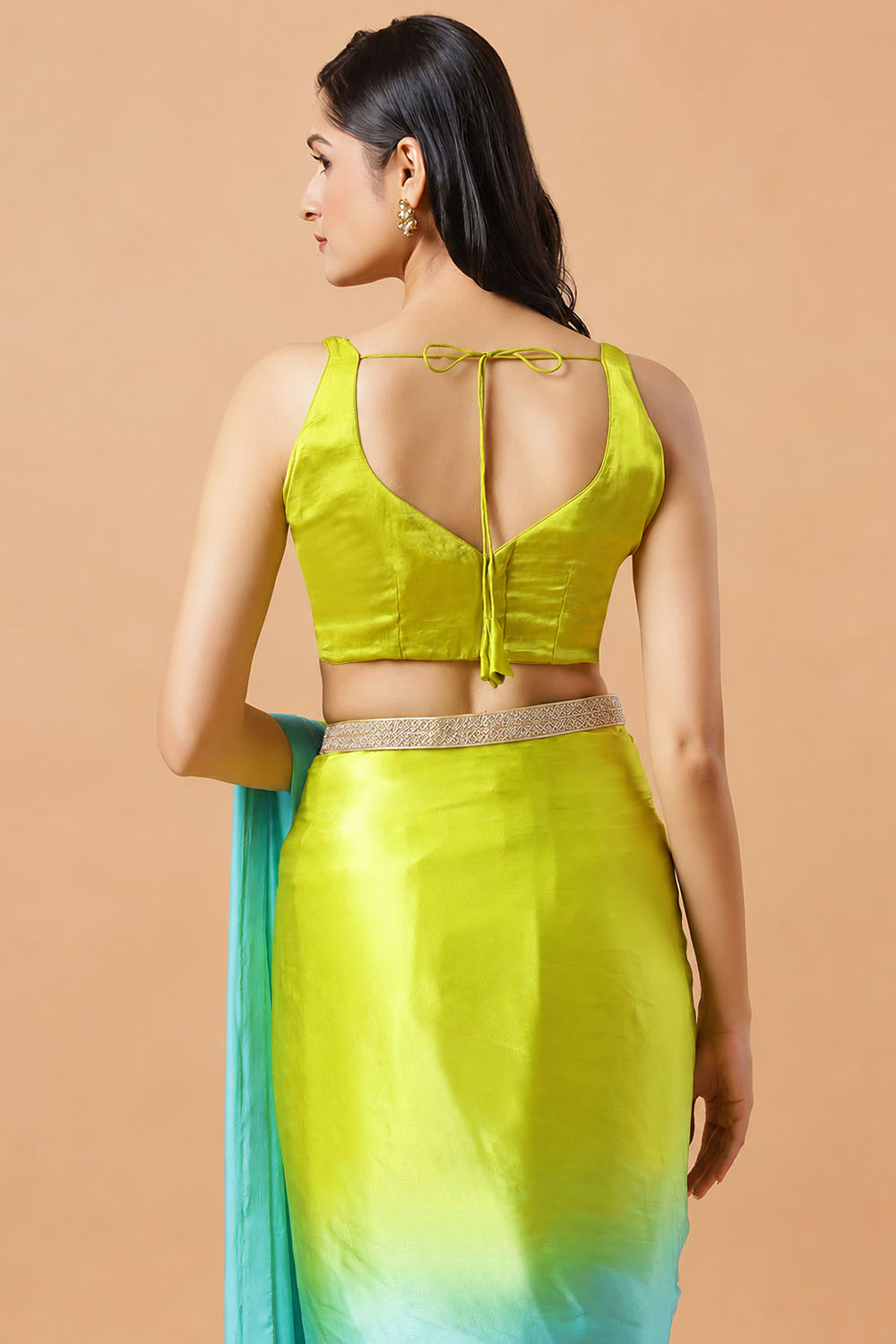 Chandini Turquoise &amp; Lime Ombre Silk With Gold Sequins Border One Minute Saree