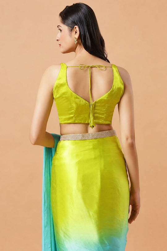 Chandini Turquoise &amp; Lime Ombre Silk With Gold Sequins Border One Minute Saree