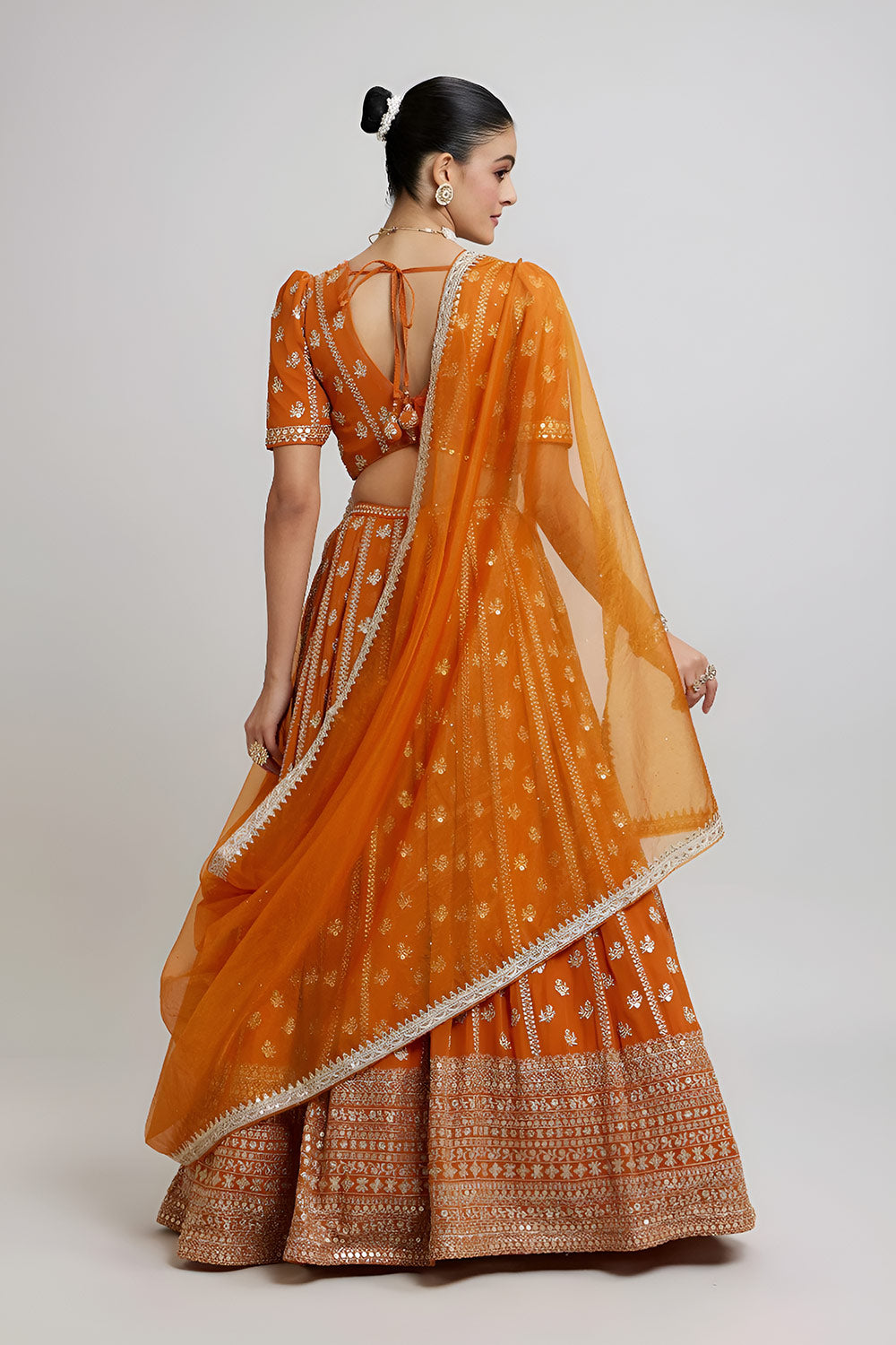 Olsa Orange Sequin & Zari Embroidered Faux Georgette Lehenga Saree