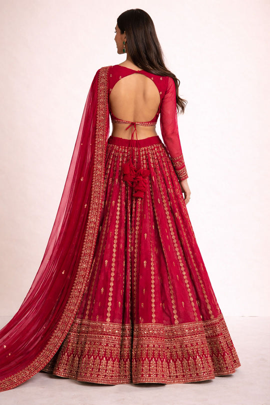 Laila Red Zari Embroidered Organza Wedding Lehenga Saree