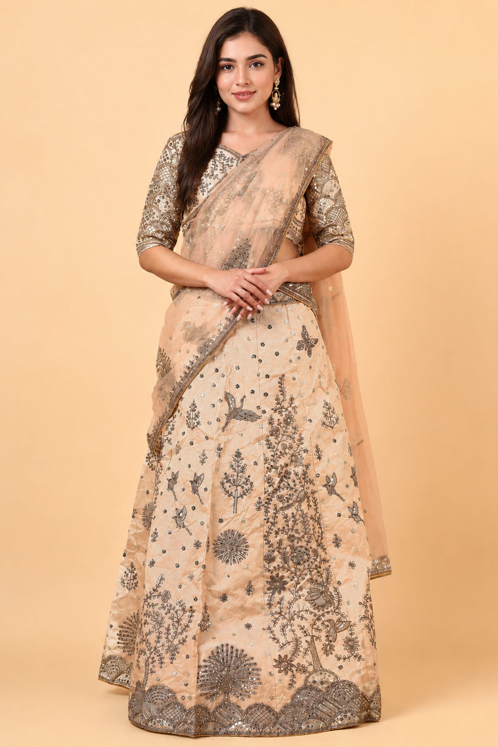Cia Cream Floral Art Silk Ready To Wear Lehenga Saree
