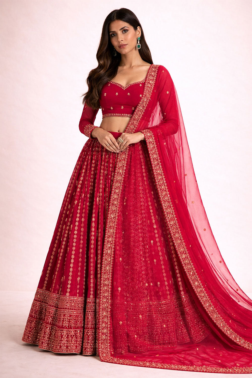 Laila Red Zari Embroidered Organza Wedding Lehenga Saree