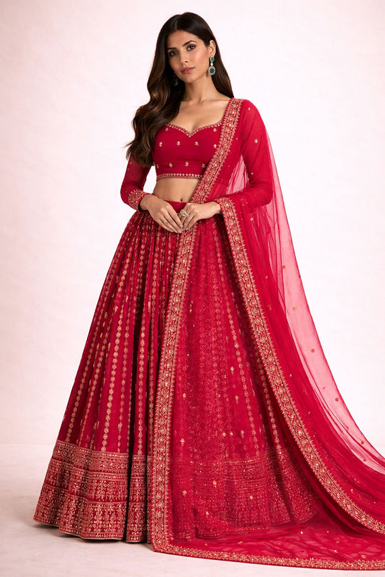 Laila Red Zari Embroidered Organza Wedding Lehenga Saree