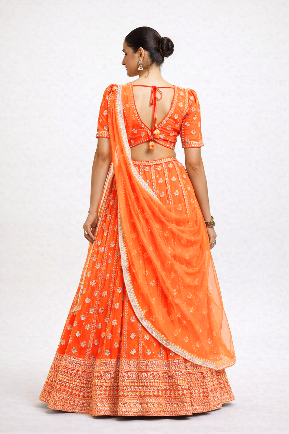 Olsa Orange Sequin &amp; Zari Embroidered Faux Georgette Lehenga Saree